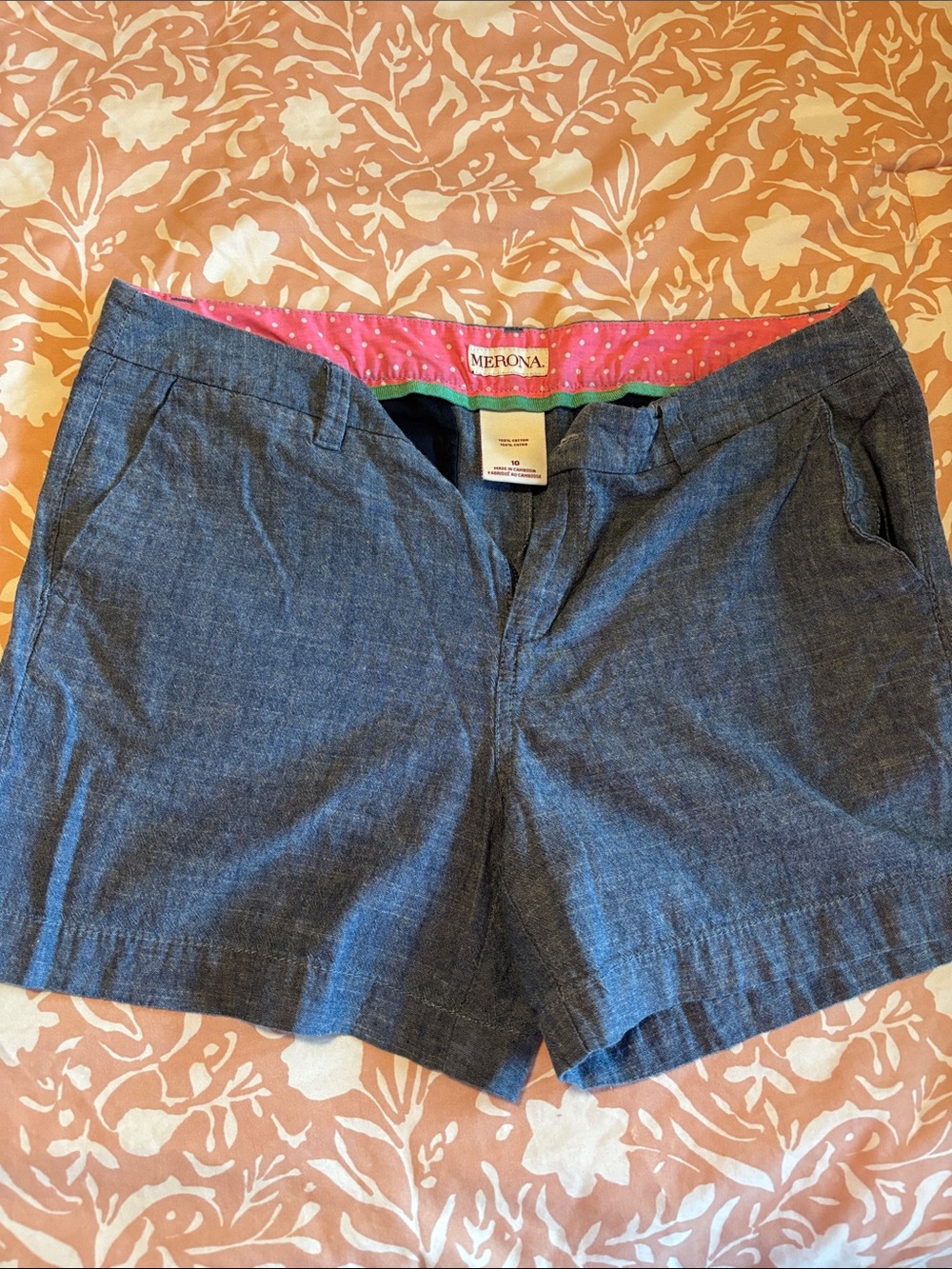 Merona Chambray Blue Women’s Shorts with Pink Waistband Accent